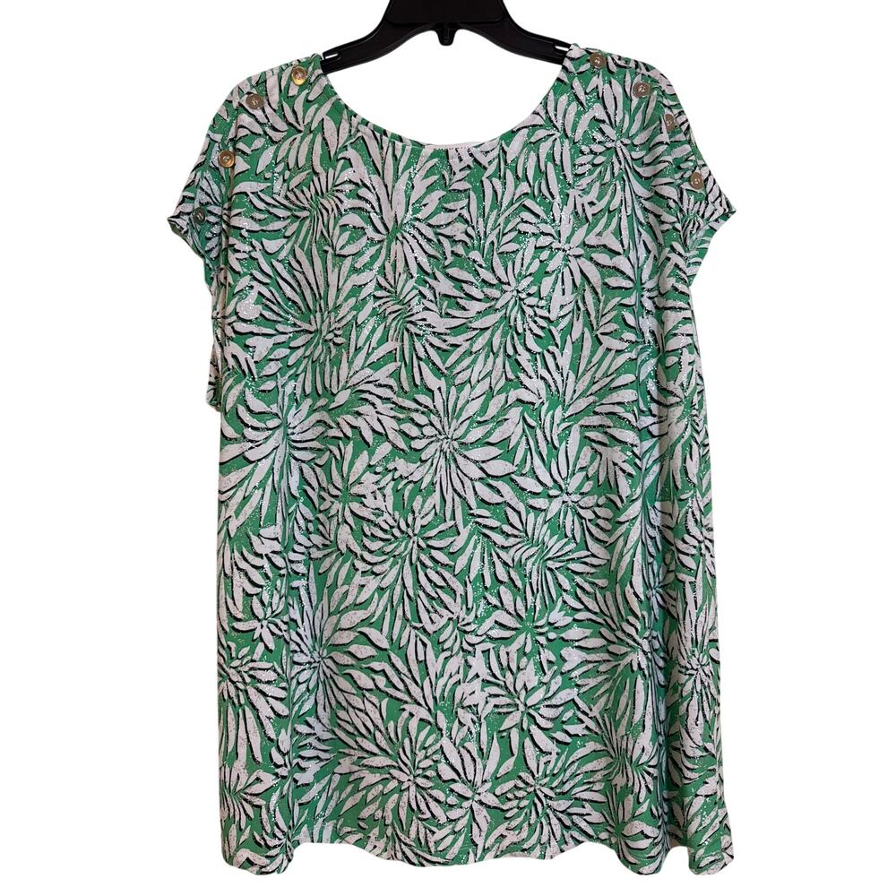 Emily Daniels XL Cap Sleeve Button Accent Shoulders Green, Black White Floral